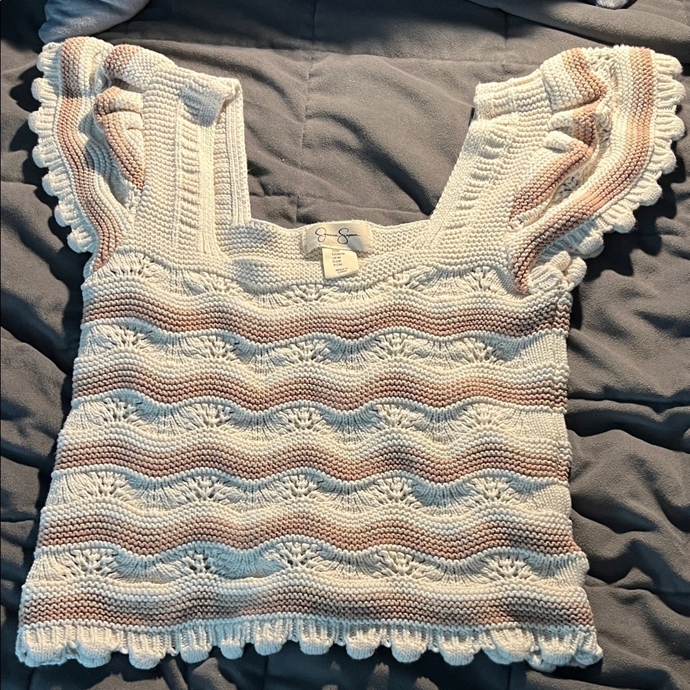 Jessica Simpson Cream and Tan Crochet Ruffle Top